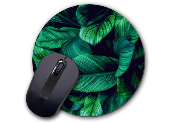 Round custom printed mouse mat with leaf design – promotional desk accessory.