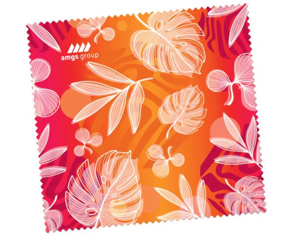 Red-orange promotional microfiber cloth with full-color AMGS Group print and leaf graphics.