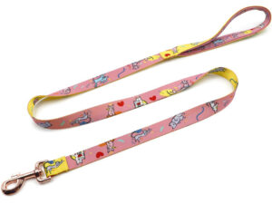 Close-up of a sublimated pet leash with colorful cartoon illustrations and detailed stitching.