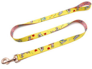 Personalized dog leash with full-color sublimation print and cartoon animal pattern.