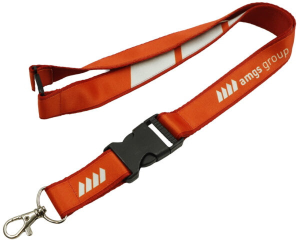double-layer lanyard with safety release and buckle to facilitate the removal of keys and safety break. Print made using sublimation technology on the upper layer in red. Lanyard available at AMGS Group.