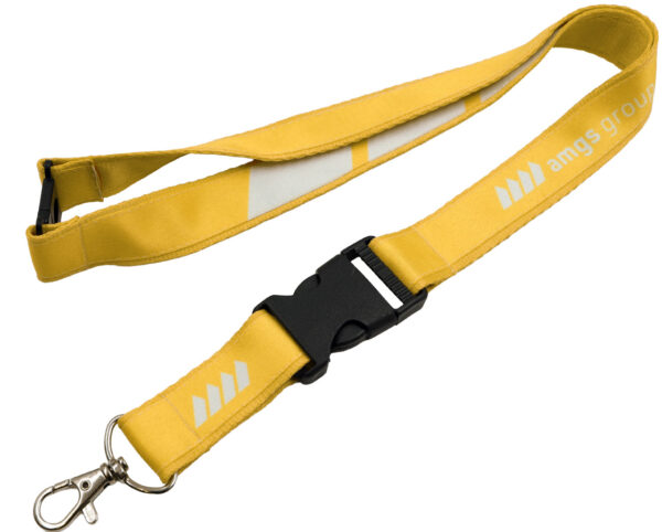 Yellow double layer lanyard with a connector for quick release of keys or an ID badge. Equipped with a safety breakaway. AMGS Group.