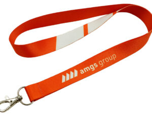 Signal red polyester lanyard with white design elements and sturdy carabiner, ideal for dynamic marketing campaigns and trade shows. Available at AMGS Group.