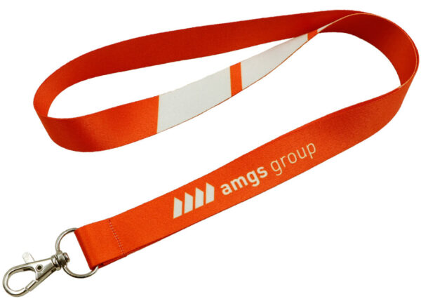 Signal red polyester lanyard with white design elements and sturdy carabiner, ideal for dynamic marketing campaigns and trade shows. Available at AMGS Group.
