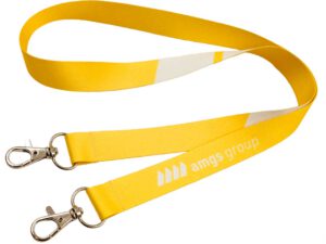 Durable polyester neck lanyard with double hooks and vibrant yellow sublimation print – perfect for secure badge or accessory attachment. Available at AMGS Group