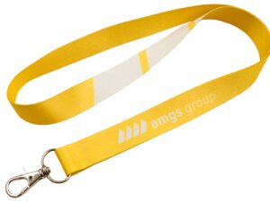 Bright yellow polyester lanyard with white stripes and carabiner, ideal for maximum brand visibility at events. Available at AMGS Group.