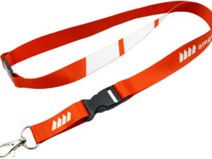Polyester lanyard with safety breakaway and buckle. Full sublimation print with customizable branding options. Features both a quick-release buckle for easy detachment and a safety breakaway that disconnects the strap under strong tension. AMGS Group.