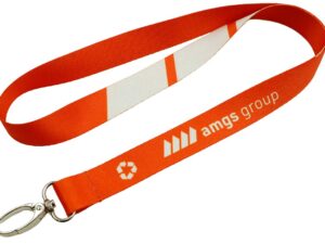 rPET lanyard with double-sided sublimation print and metal hook. Red sublimation print. Available exclusively at AMGS Group.