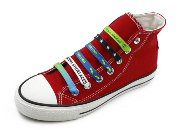 A red sneaker showing the various rPET lace patterns available from AMGS Group.