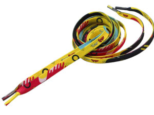 Yellow tubular shoelaces with custom brand logo and colorful design.