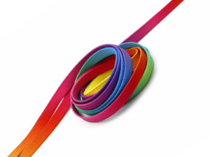 Colorful tubular shoelaces with gradient rainbow sublimation print.