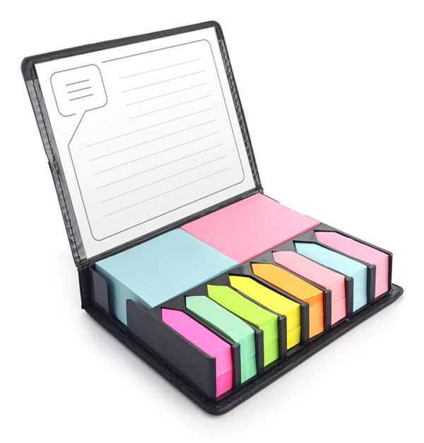 Sticky notes set PODI with logo in black case, B2B gift with engraved company logo on metal plate, customizable branding.