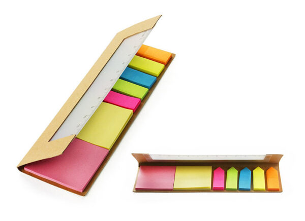 Personalized transparent ruler with colourful sticky notes. Customizable promotional office gadget with logo
