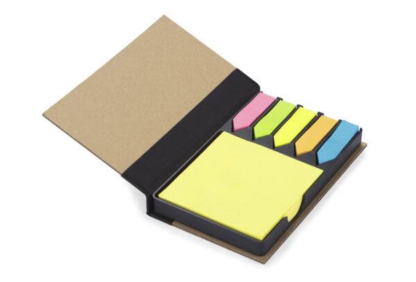 ARO sticky notes set with yellow and colourful tabs in eco bamboo case – customizable promotional office gadget with logo.