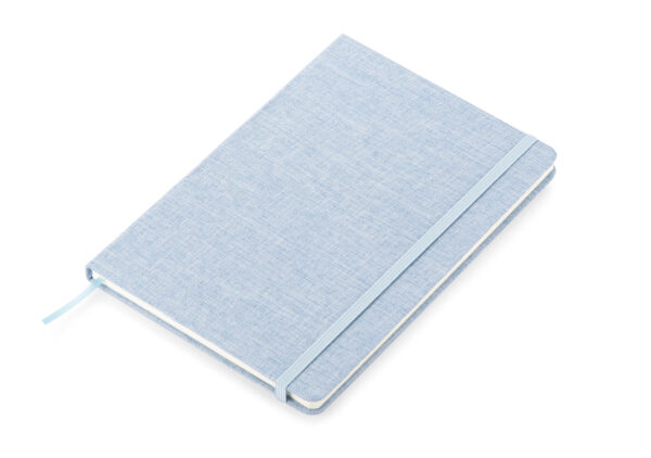 Eco notebook BIVELLO A5 with recycled cotton cover and customizable logo.