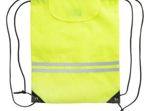 Customised REFLECT drawstring bag, yellow reflective polyester, Velcro closure, screen-printed logo.