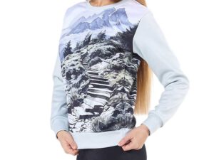 Custom printed women's thermal sweatshirt. Side view, with a sublimated mountain print. From AMGS Group.