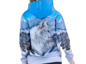 Women’s thermoactive hoodie with logo, kangaroo-style hood. Back view showing a print of a wolf against a snowy landscape. Promotional apparel from AMGS Group.