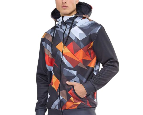 Double-layer thermoactive sweatshirt with logo. Features a front zipper and colorful sublimation print. A promotional gadget from AMGS Group.