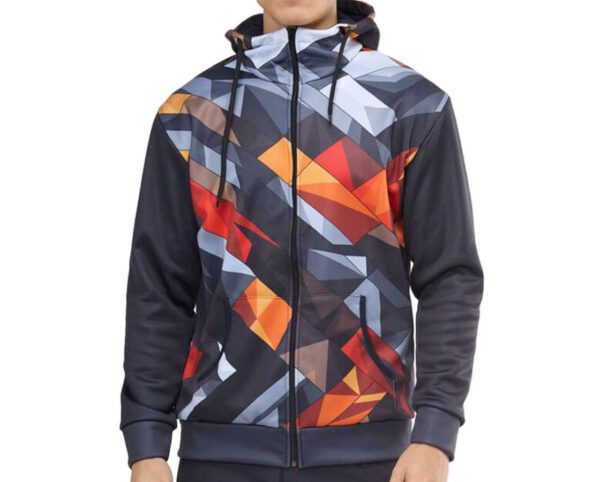Custom Hoodie With Stand-up Collar. Men's two-layer thermoactive hoodie with custom full-color sublimation print and brand logo on chest. AMGS Group.