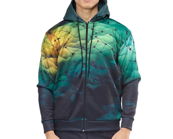 Double-layer custom mens zip hoodie with full print. All-over print. Fully customizable. AMGS Group.