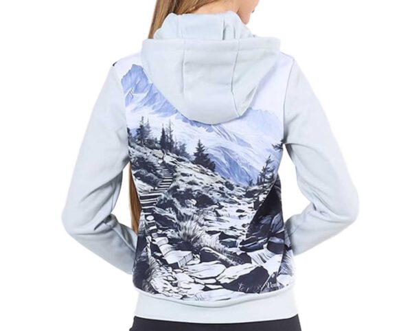 Women’s sweatshirt with sublimation print and hood, back view – a functional and eye-catching solution. See more at AMGS Group.