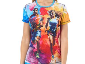 Womens Technical T-Shirt with Sublimation. Sublimation is applied directly to pre-cut elements, ensuring vibrant, high-definition graphics that integrate into the fabric and remain intact over time. AMGS Group.