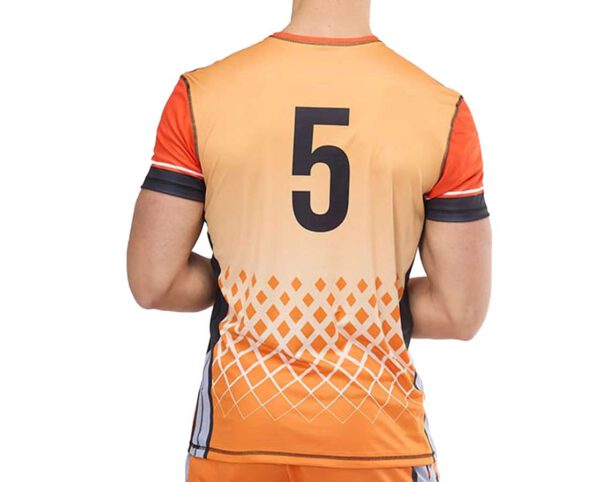 Back of the men’s Sport Elastic T-shirt with number 5 – orange model with white geometric sublimation print, made from breathable fabric. Ideal for team sports and an active lifestyle. Available at AMGS Group.