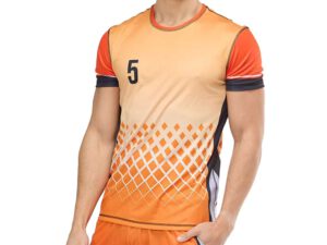 Men’s Sport Elastic T-shirt with number 5 – modern cut, orange and black color scheme, and white sublimation print with a mesh pattern. Made of elastic fabric, perfect for team sports and training. Available at AMGS Group.