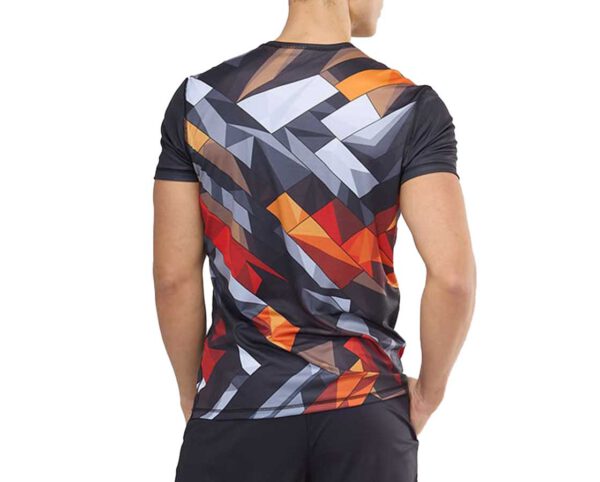 Back view of the men’s Sport Coolmax T-shirt with an eye-catching sublimation print – geometric shapes in shades of orange, red, graphite, and white. Made from lightweight, breathable Coolmax fabric, ideal for intense physical activity. Available at AMGS Group.