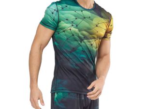 Men’s sports T-shirt presented on a model – slightly fitted cut, elastic fabric, and vivid sublimation print in shades of green, yellow, and navy with a geometric pattern. Perfect for the gym, training, and an active lifestyle. Available at AMGS Group.