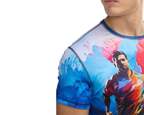 Close-up of the men’s Sport Thermoactive Smooth T-shirt with a vivid, colorful print depicting a silhouette of a running man against blue and red paint splashes. Made of thermoactive, elastic fabric with precise sleeve stitching. Available at AMGS Group.