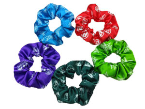 AMGS Group satin scrunchies in assorted team colors with sublimation prints — perfect for clubs and events; contact us to create your design.