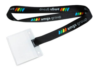 Black r-PET lanyard with a colorful logo print, attached directly to a transparent ID badge holder.
