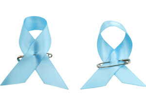 Blue satin awareness ribbon pin with safety pin, double-sided, manufacturer AMGS Group.