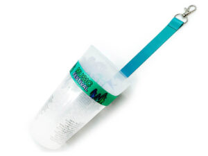 Custom printed cup holder lanyard holding a reusable festival cup with carabiner hook.