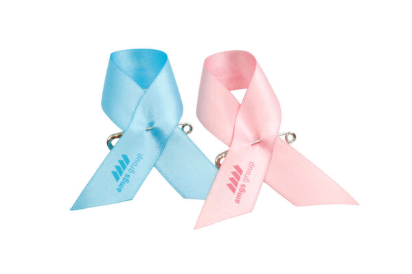 Satin awareness ribbons. Pink and blue satin awareness ribbon pins with printed logo, double-sided, manufacturer AMGS Group.
