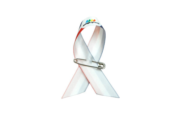 White and red satin awareness ribbon pin with custom logo print, one-side printed, manufacturer AMGS Group.
