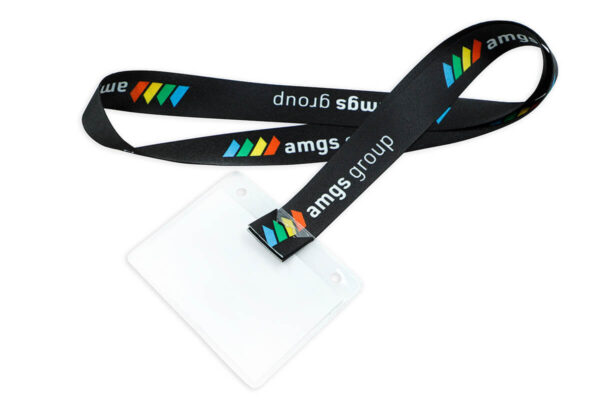 Hookless r-PET Lanyard with Custom Logo. An eco-friendly corporate lanyard made from recycled material, shown with an attached badge holder ready for conference use.