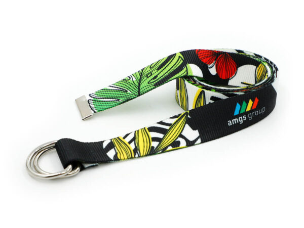 Personalized sublimation belt with colorful print and double metal D-ring fastening – AMGS Group promotional product.