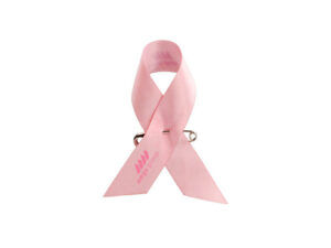 Pink satin awareness ribbon pin with custom logo print, double-sided, manufacturer AMGS Group.