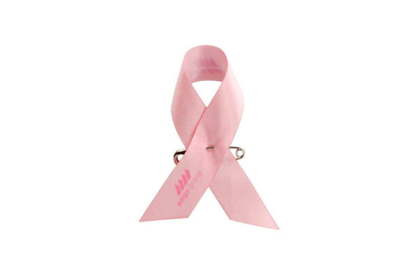 Pink satin awareness ribbon pin with custom logo print, double-sided, manufacturer AMGS Group.