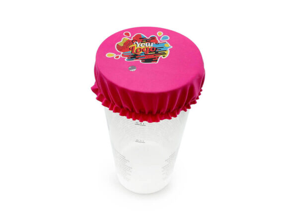 Top view of a pink spandex drink cover with a full-color custom "Your Logo" graphic.