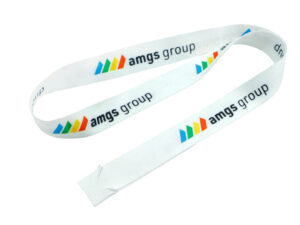 Custom Printed Lanyard Strap. Hookless Polyester Lanyard with Custom Logo. Angled view of a white lanyard with sublimation print, highlighting the texture and quality of the polyester material. AMGS Group.
