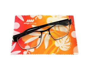 Personalized microfiber cloth for glasses with printed business branding.