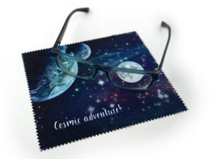 Personalized 15×18 cm microfiber cloth with cosmic print – full-colour sublimation and long-lasting quality by AMGS Group.