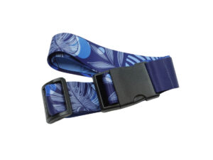 Folded heavy-duty luggage strap, emphasizing the robust black buckle mechanism and the vibrant, custom blue leaf print.