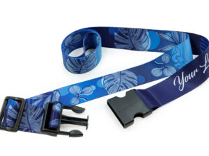 Durable luggage belt unbuckled, showcasing the adjustable strap and the detailed, full-sublimation blue pattern.