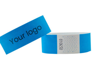 Blue 25mm Tyvek wristband with "Your Logo" custom print. Large advertising area for corporate branding. Manufacturer AMGS Group.