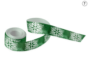 Green decorative ribbon with large, white snowflakes (Design 7). An ideal choice for holiday branding of business gifts. Manufacturer AMGS Group.